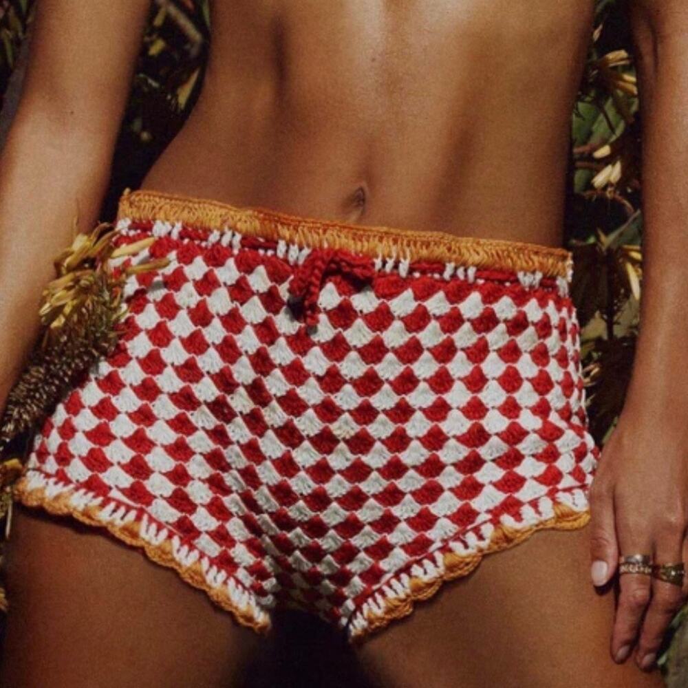 Crochet Checkerboard Red & White Bikini Shorts